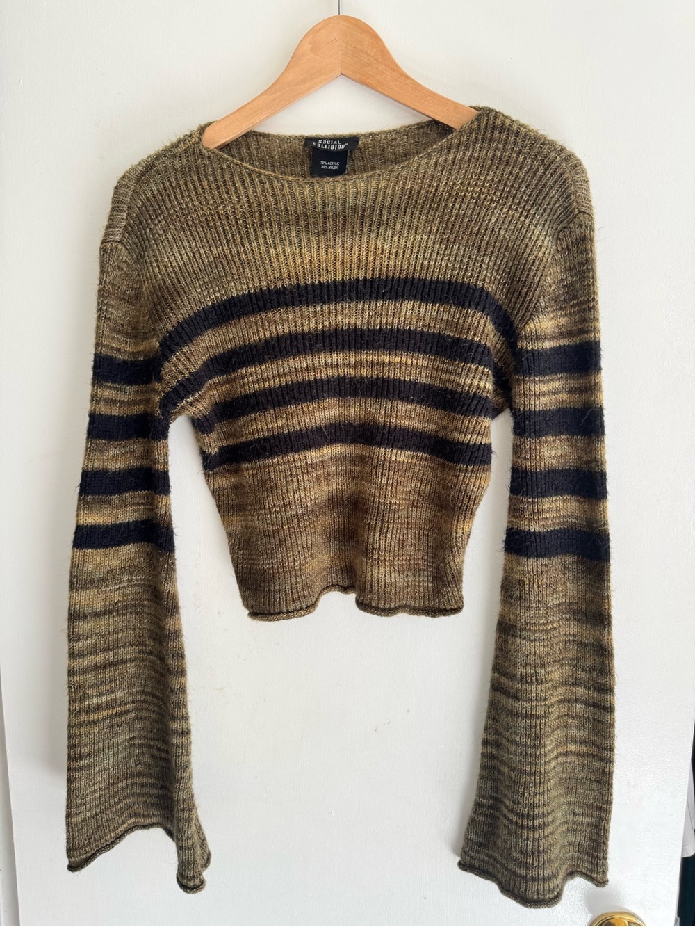 Hot Topic Olive & Black Striped Lightweight Cropped Crew Sweater
